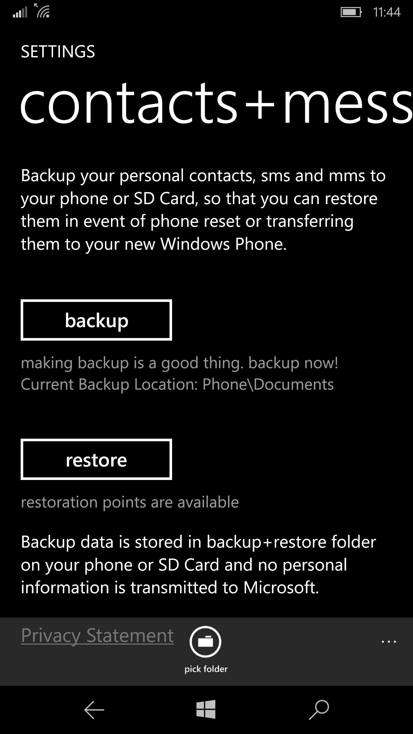 Záloha prostřednictvím contacts+sms backup na Windows 10 Mobile.